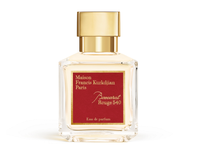 rechteckiger Parfumflacon mit rotem Etikett und goldenem Deckel